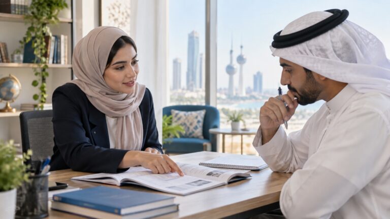 مدرسة انجليزي في الكويت تشرح درسًا لطالب داخل جلسة تعليمية