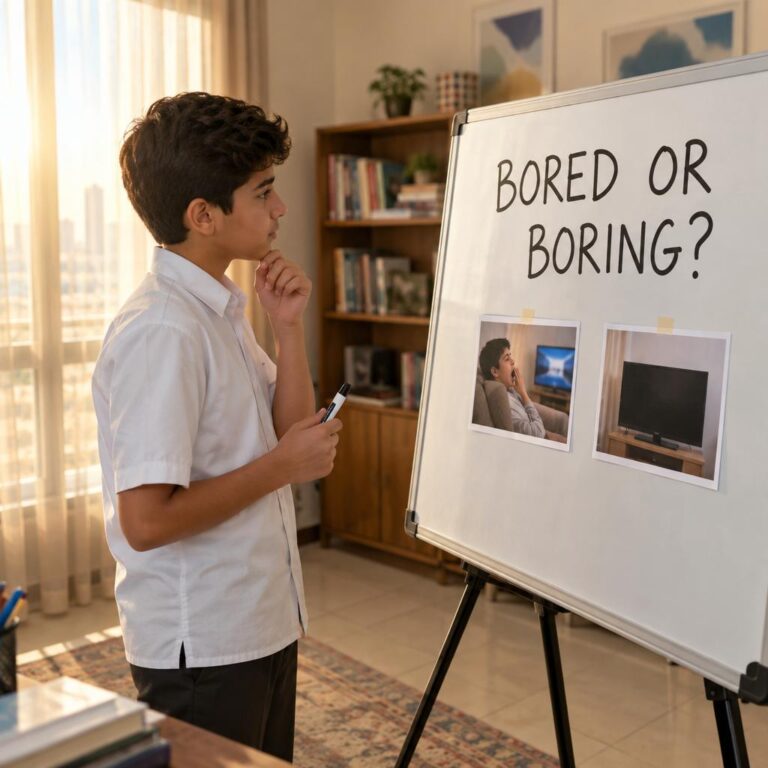 طالب في المرحلة المتوسطة يقف أمام سبورة بيضاء صغيرة في ركن دراسة بمنزل في الكويت وعليها عبارة BORED OR BORING وصورتان للمقارنة