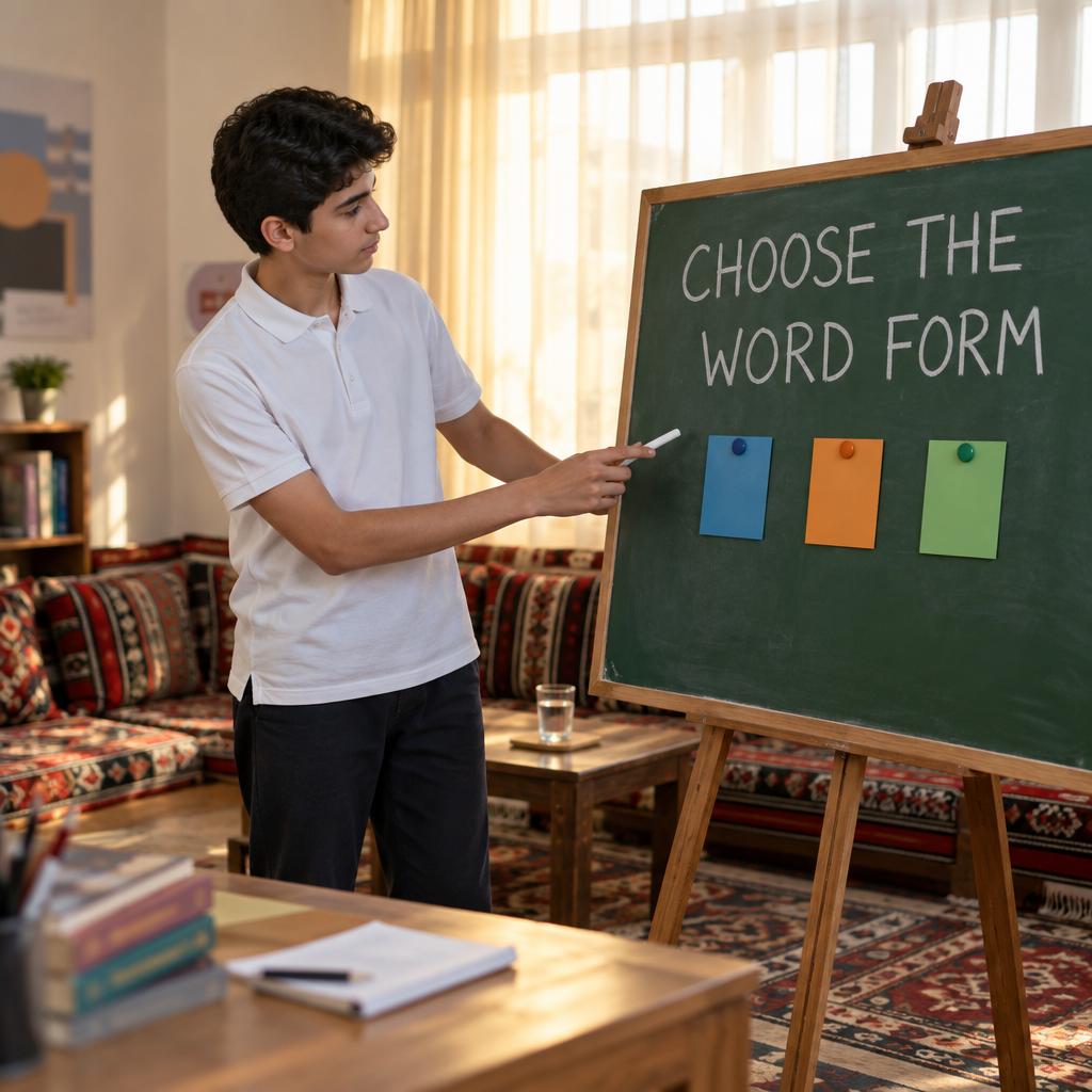 طالب ثانوي يشير إلى سبورة خضراء مكتوب عليها عبارة CHOOSE THE WORD FORM داخل غرفة جلوس منزلية في الكويت