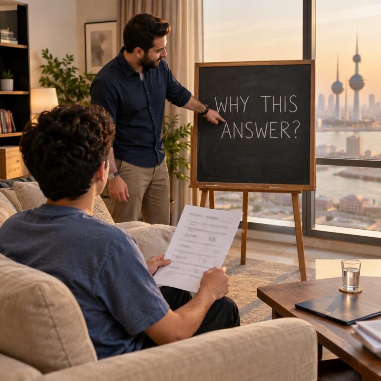 طالب ثانوي يمسك ورقة تدريب ويستمع إلى مدرس يشير إلى سبورة سوداء عليها عبارة WHY THIS ANSWER في غرفة جلوس بالكويت