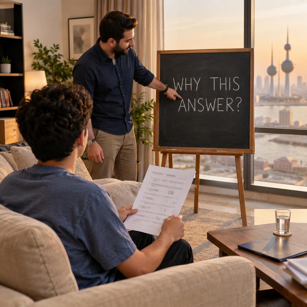 طالب ثانوي يمسك ورقة تدريب ويستمع إلى مدرس يشير إلى سبورة سوداء عليها عبارة WHY THIS ANSWER في غرفة جلوس بالكويت