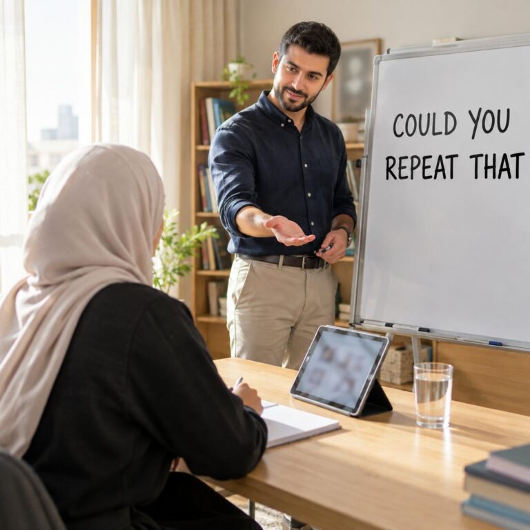طالب جامعي يجلس في ركن دراسة منزلي بالكويت أمام سبورة بيضاء متنقلة عليها عبارة إنجليزية عن طلب إعادة الكلام بينما يشرح المدرس