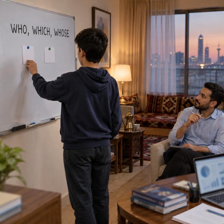 طالب ثانوي يثبّت بطاقتين على سبورة بيضاء في غرفة جلوس بالكويت بينما يتابعه مدرس جالس على كرسي بجانبه