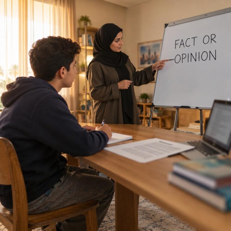 طالب جامعي يجلس في غرفة دراسة منزلية بالكويت بينما يشير مدرس إلى سبورة بيضاء عليها عبارة FACT OR OPINION