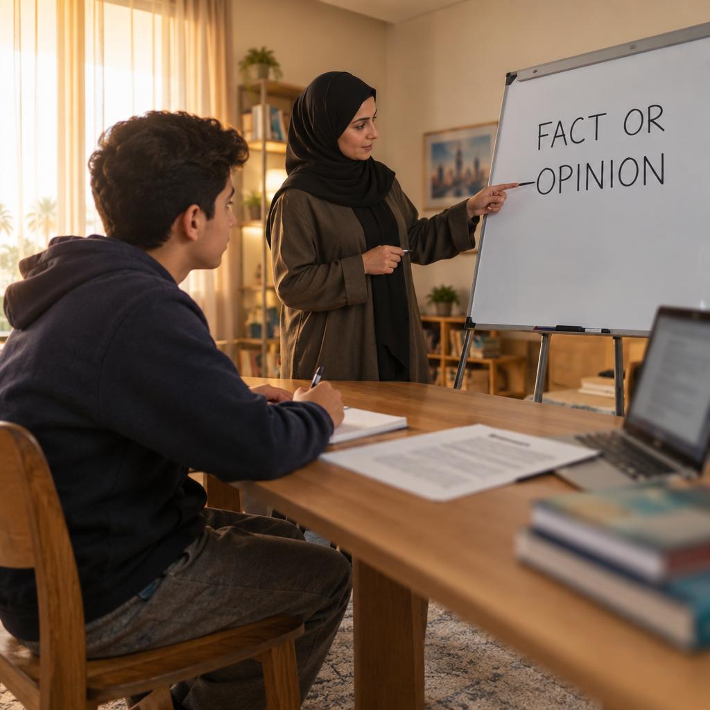 طالب جامعي يجلس في غرفة دراسة منزلية بالكويت بينما يشير مدرس إلى سبورة بيضاء عليها عبارة FACT OR OPINION