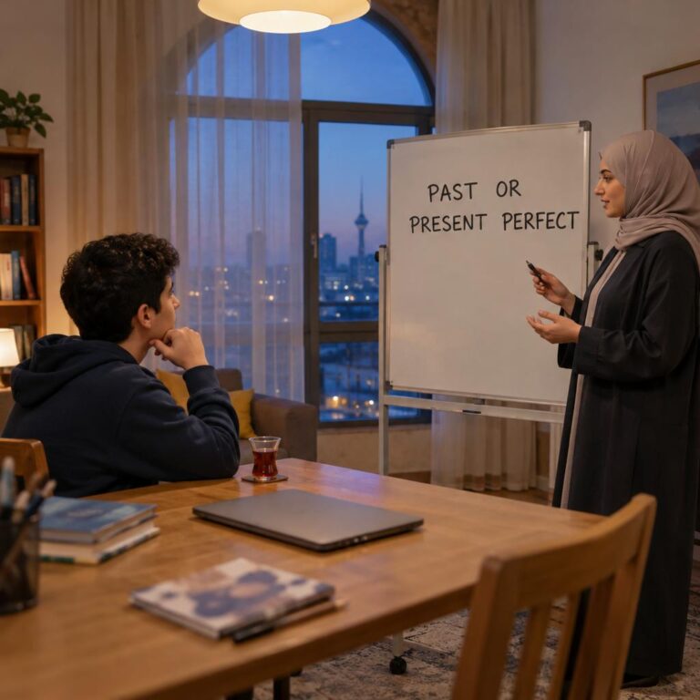 طالب ثانوي يستمع إلى مدرس يقف بجانب سبورة بيضاء متنقلة عليها عبارة PAST OR PRESENT PERFECT في غرفة طعام تحولت إلى ركن دراسة في الكويت