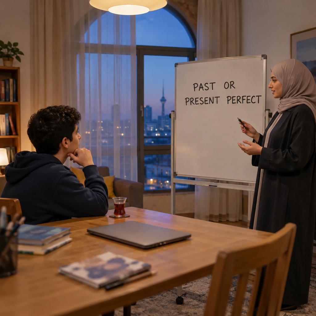 طالب ثانوي يستمع إلى مدرس يقف بجانب سبورة بيضاء متنقلة عليها عبارة PAST OR PRESENT PERFECT في غرفة طعام تحولت إلى ركن دراسة في الكويت