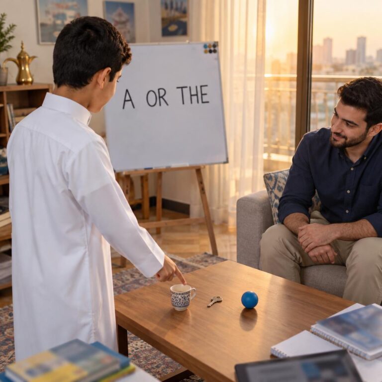 طالب في المرحلة المتوسطة يشير إلى كوب ومفتاح على طاولة أمام سبورة عليها عبارة A OR THE بينما يجلس مدرس بجانبه في صالة منزلية بالكويت