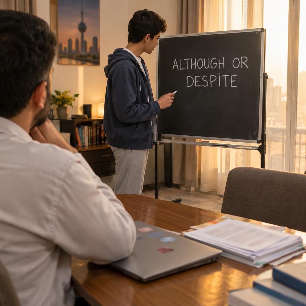 طالب ثانوي يقف أمام سبورة صغيرة متنقلة عليها عبارة إنجليزية بينما يجلس مدرس إلى طاولة الطعام في منزل بالكويت