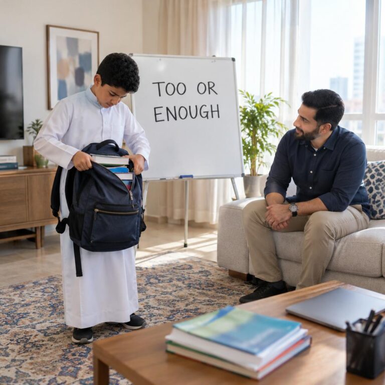 طالب ثانوي يحمل حقيبة ممتلئة بجانب سبورة بيضاء عليها عبارة إنجليزية عن too وenough في صالة منزلية بالكويت