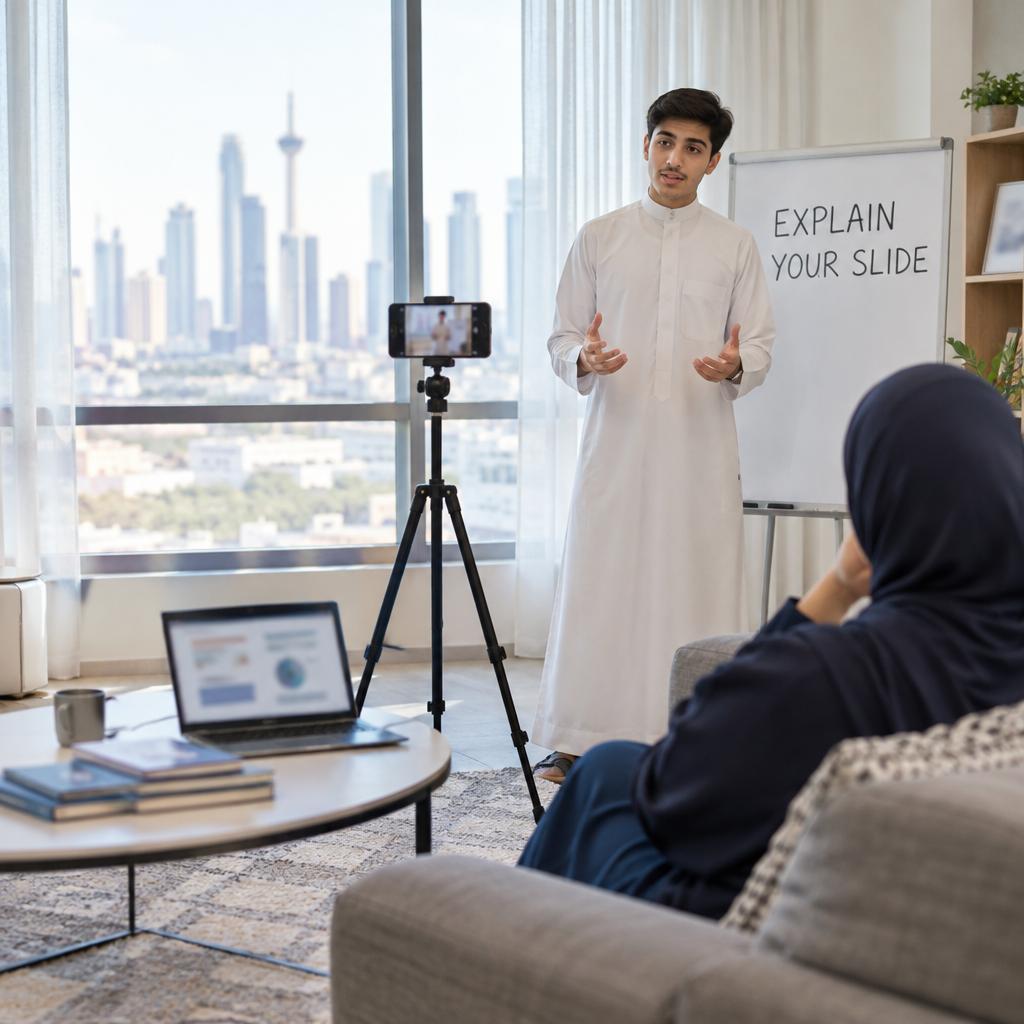 طالب جامعي يقف أمام سبورة صغيرة عليها عبارة EXPLAIN YOUR SLIDE ويسجل بهاتفه بينما يستمع المدرس في شقة بالكويت