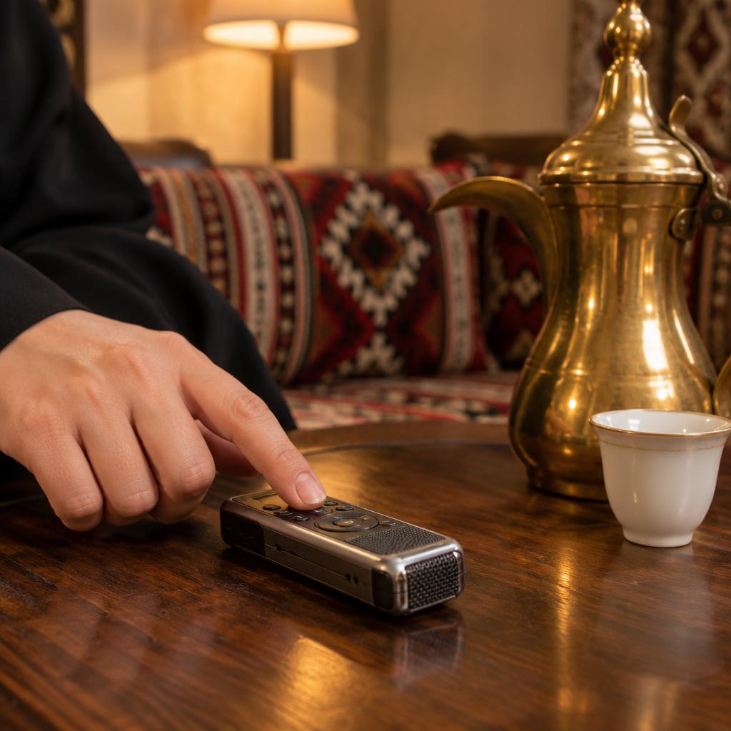 إصبع يضغط زر الإرجاع في مسجل صوت صغير على طاولة منخفضة في مجلس منزلي بالكويت بجانب دلة وفنجان قهوة