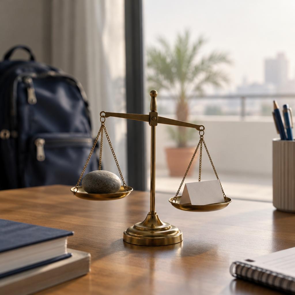 ميزان نحاسي صغير على مكتب قرب نافذة في شقة بالكويت، في إحدى كفتيه حصاة وفي الأخرى ورقة صغيرة مطوية
