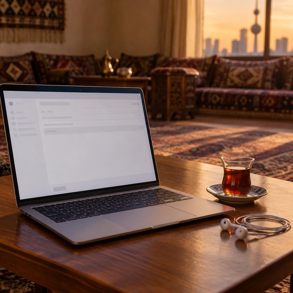لقطة قريبة من زاوية منخفضة للابتوب مفتوح على نافذة رسالة بريد فارغة بجانب كوب شاي وسماعات في مجلس منزلي بالكويت وقت الغروب