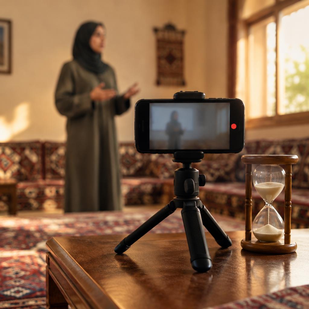 لقطة قريبة لهاتف على حامل صغير بجانب ساعة رملية على طاولة خشبية في مجلس منزلي بالكويت